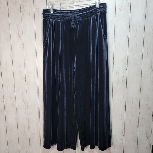 Madewell Women's Dark Blue Velour Wide Leg Cropped Drawstring Pants Size Large. - Picture 1 of 8